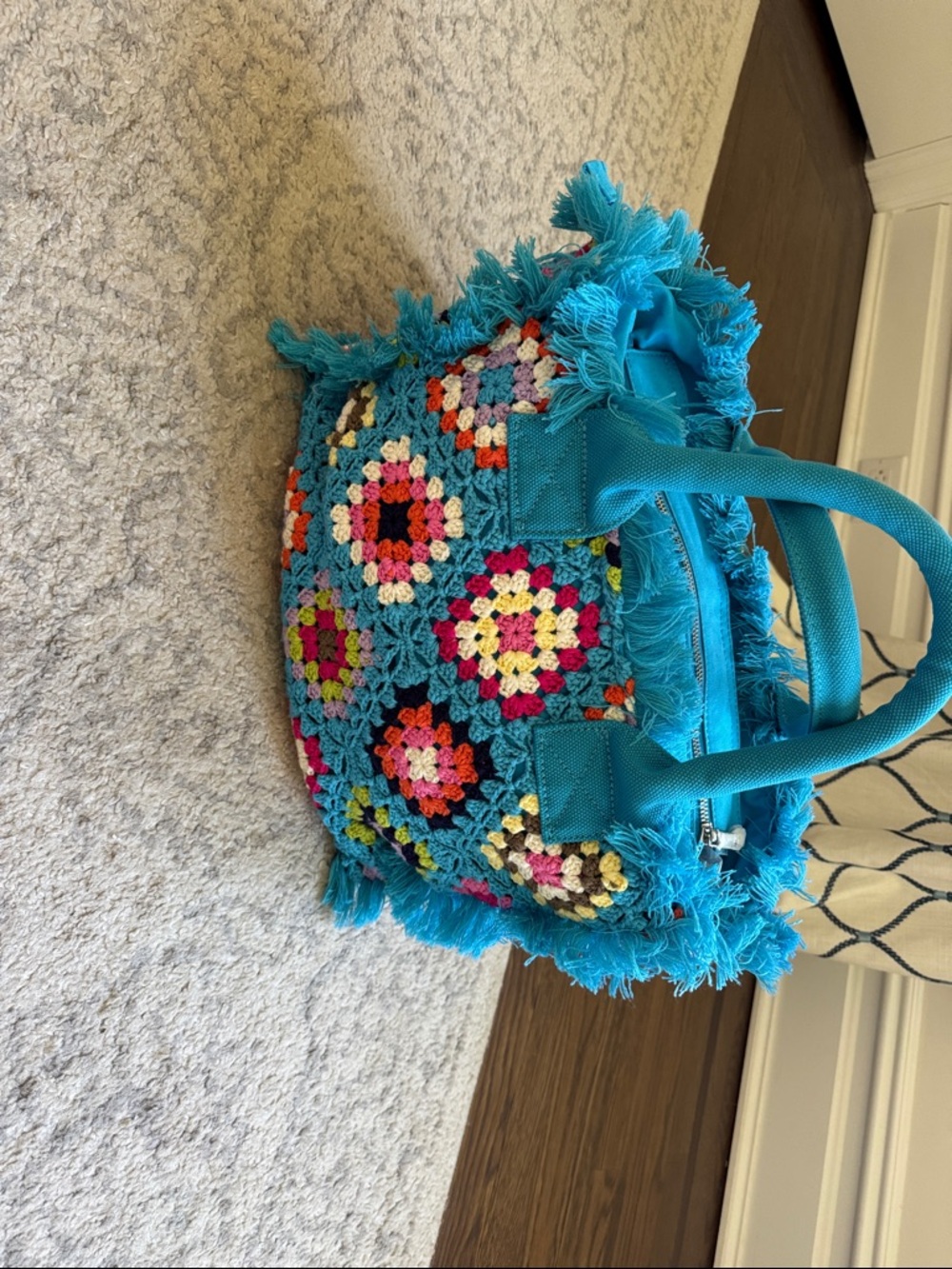 MC2 Saint Barth Turquoise Crochet Granny Square Tote with Pink Script MEDIUM - Picture 3 of 5